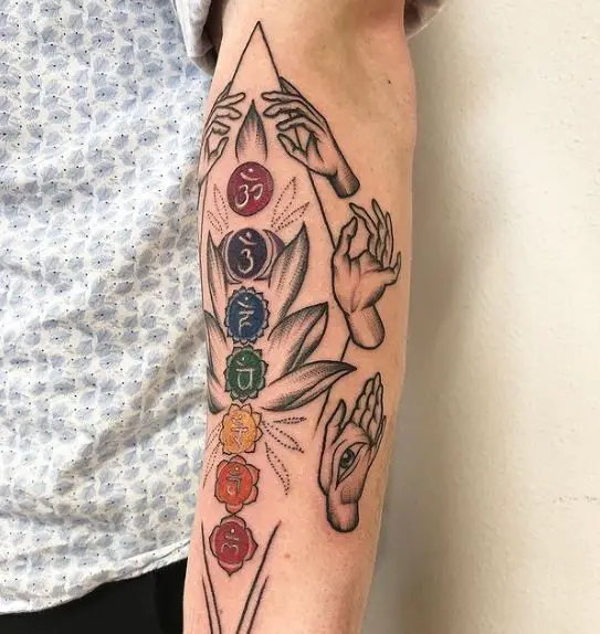 Chakra Symbols and Hands with Lotus Forearm Tattoo