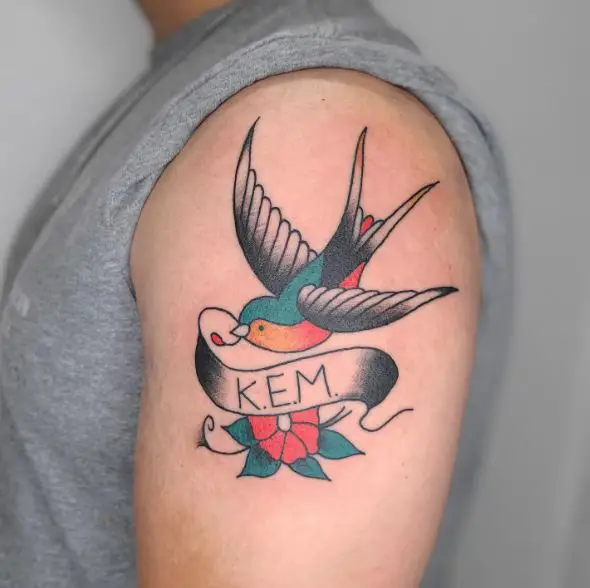 Colorful Flower and Sparrow Shoulder Tattoo