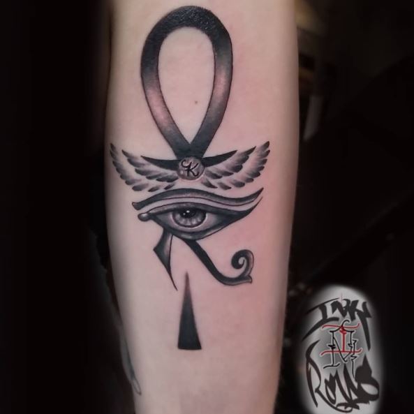 Blackwork Ankh and Eye of Horus Arm Tattoo