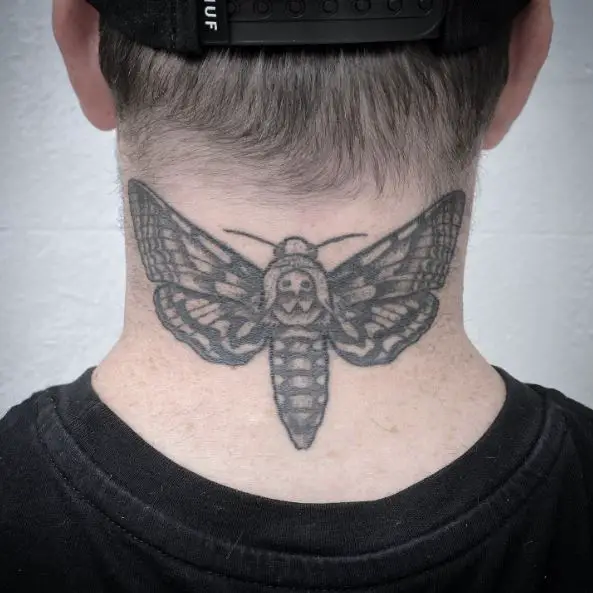 Grey Dead Moth Neck Tattoo