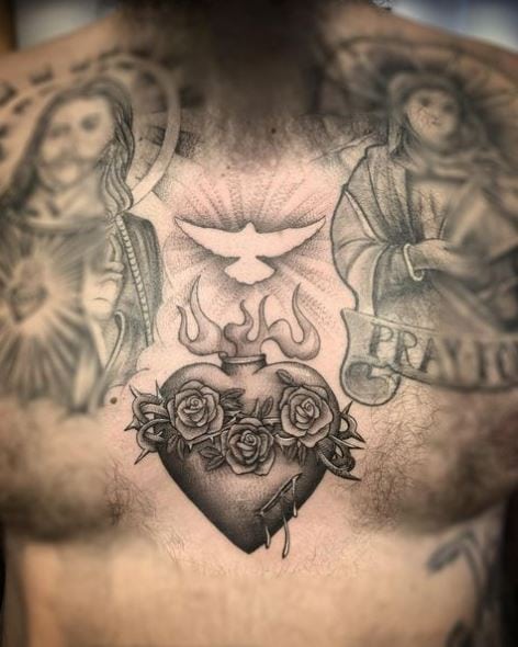 Roses on Bleeding Sacred Heart Chest Tattoo