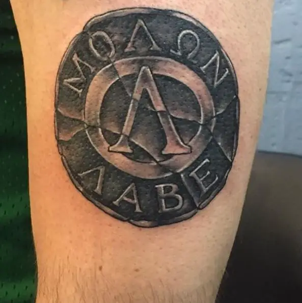 Black Spartan Shield with Saying Arm Tattoo