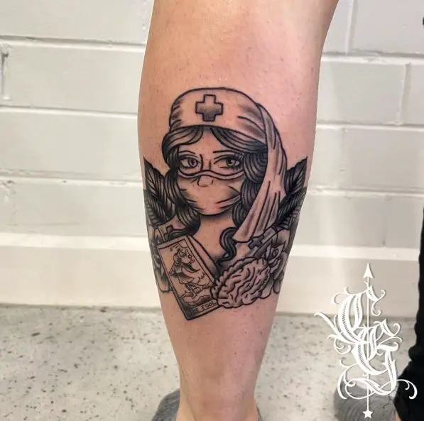 Nurse Tattoo on Calf Muscle