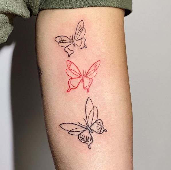 Black and Red Fine-Lined Butterflies Arm Tattoo