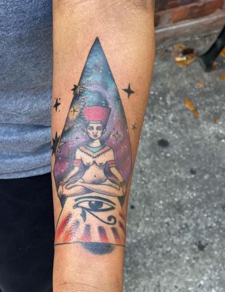 Stars Pyramid Egyptian Woman Meditating and Eye of Horus Tattoo