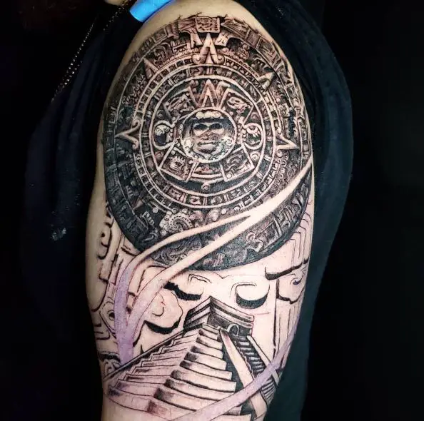 Pyramid and Center of Mayan Calendar Arm Tattoo