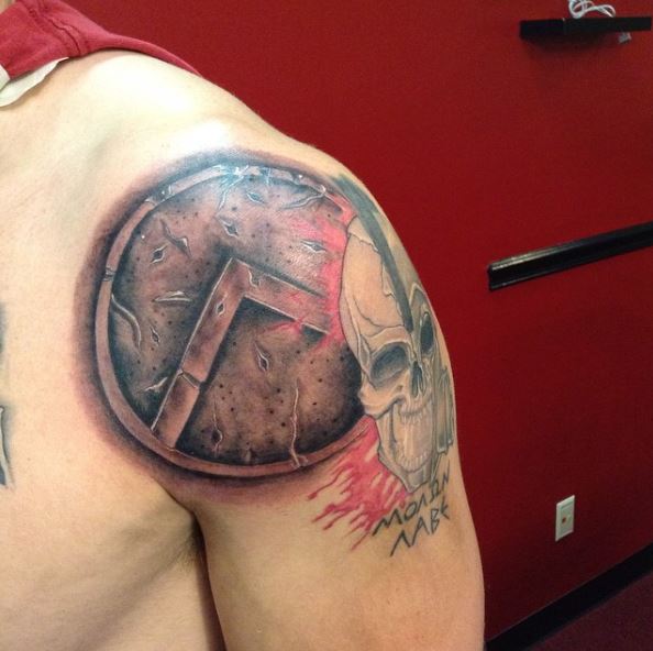 Skull and Colored Spartan Shield Shoulder Tattoo