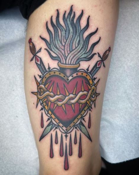 Blood Drops from Stabbed Red Sacred Heart Calf Muscle Tattoo