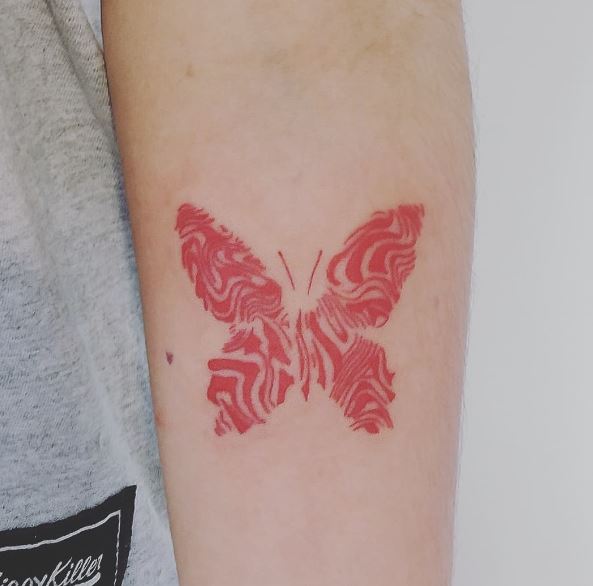 Red Patterned Butterfly Forearm Tattoo