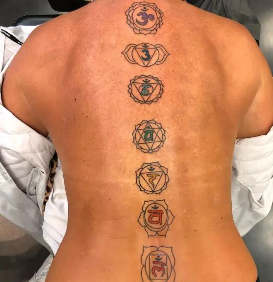 Colored Chakra Symbols Spine Tattoo