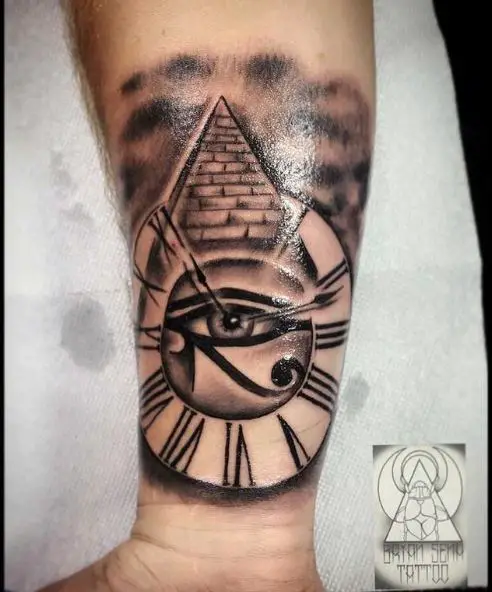 Clock and Pyramid Background Eye of Horus Tattoo