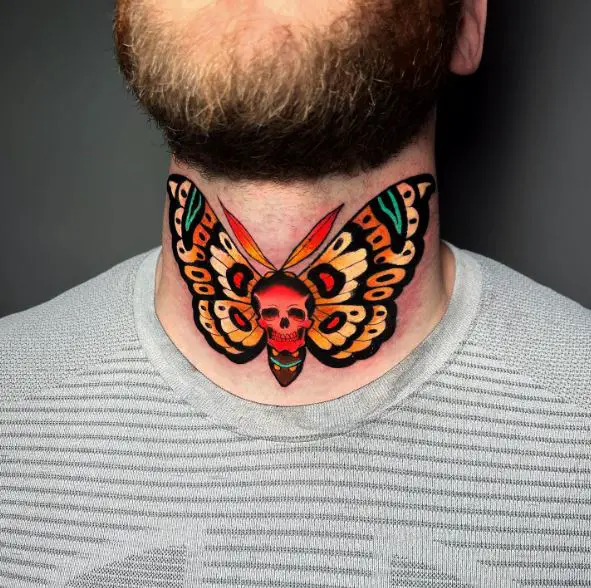 Colored Skull Moth Throat Tattoo