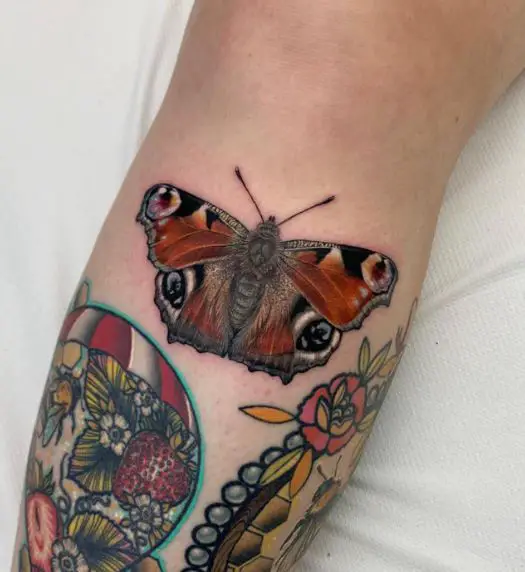 Flowers and Peacock Butterfly Leg Tattoo