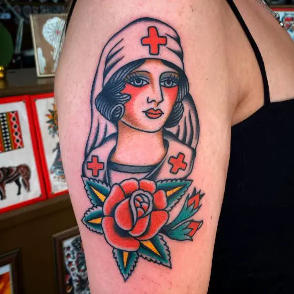 Nurse with Flowers Tattoo
