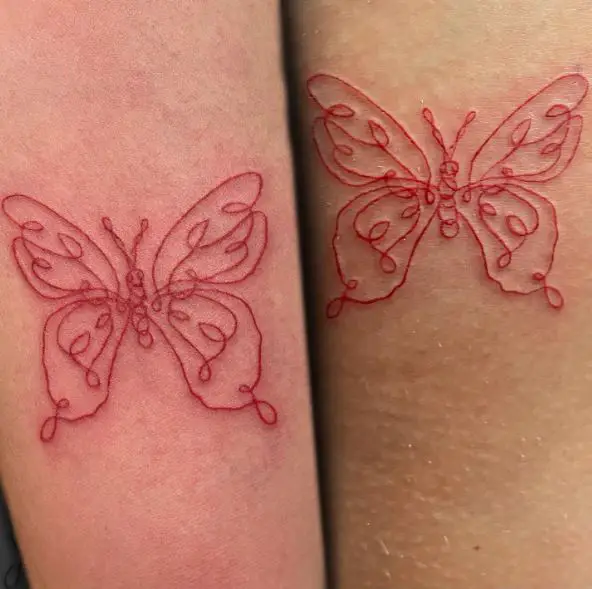 Red Matching Butterflies Arm Tattoo