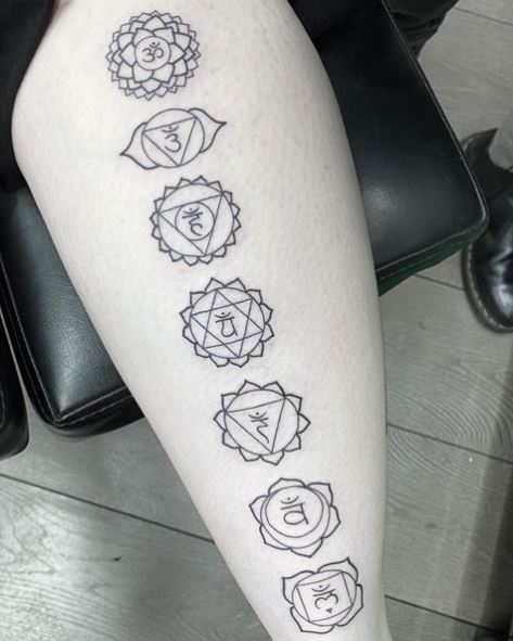 Black Chakra Symbols Leg Tattoo