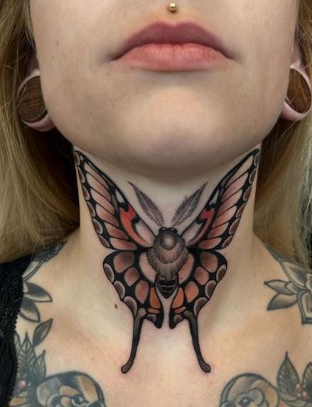 Colored Moth Throat Tattoo