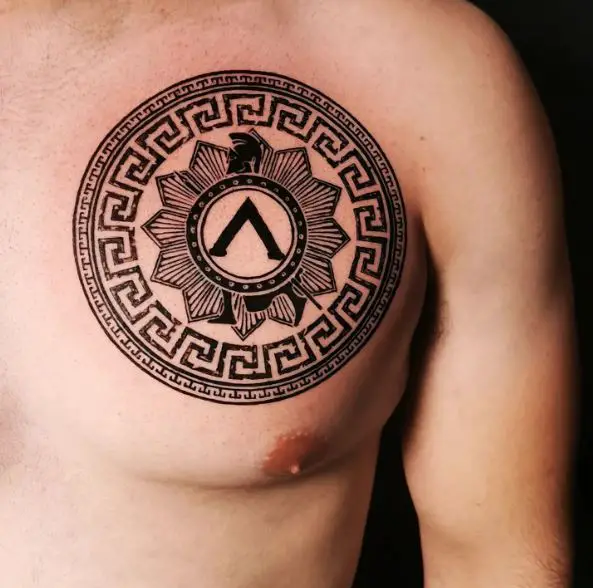 Spartan Shield with Ornament Chest Tattoo