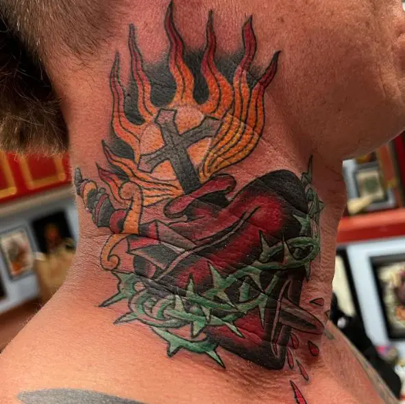 Stabbed Red Sacred Heart on Fire Neck Tattoo