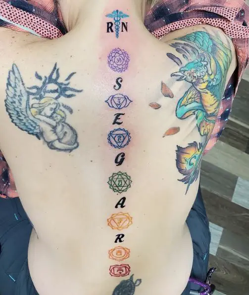 Colorful Chakra Symbols Spine Tattoo