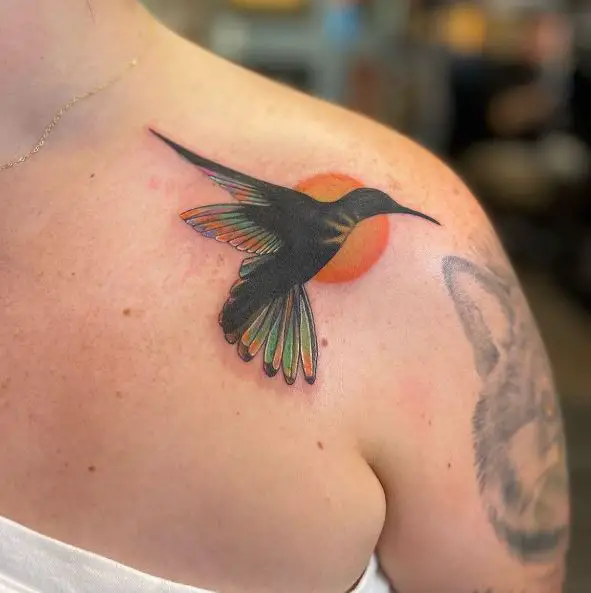 Hummingbird and Sun Shoulder Tattoo