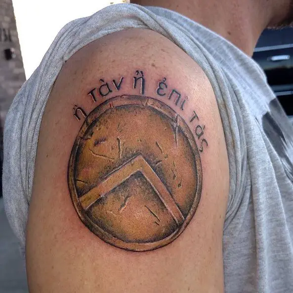 Greek Letters and Spartan Shield Shoulder Tattoo