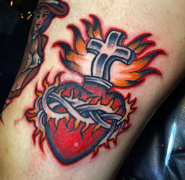 Burning Flames over Bleeding Sacred Heart Tattoo