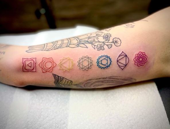 Colorful Chakra Symbols Forearm Tattoo