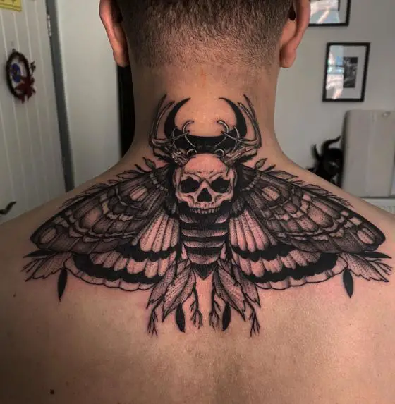 Black Skull Death Moth Neck Tattoo