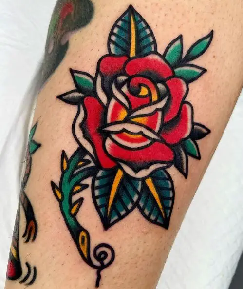 Red Rose with Green Leaves and Yellow Thorns Tattoo