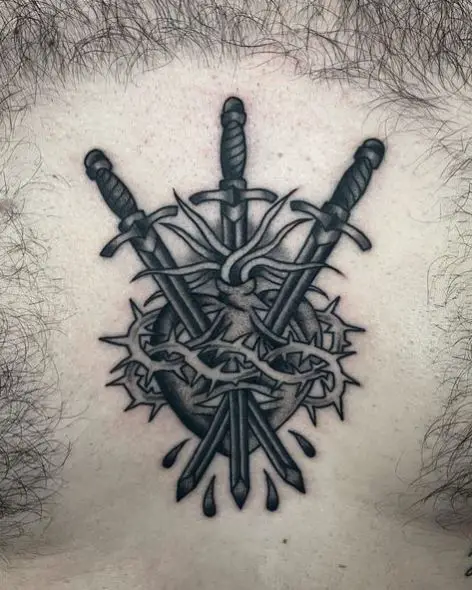 Swords thru Sacred Heart Chest Tattoo