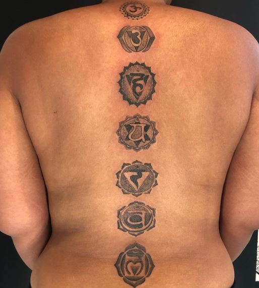 Grey Shaded Chakra Symbols Spine Tattoo