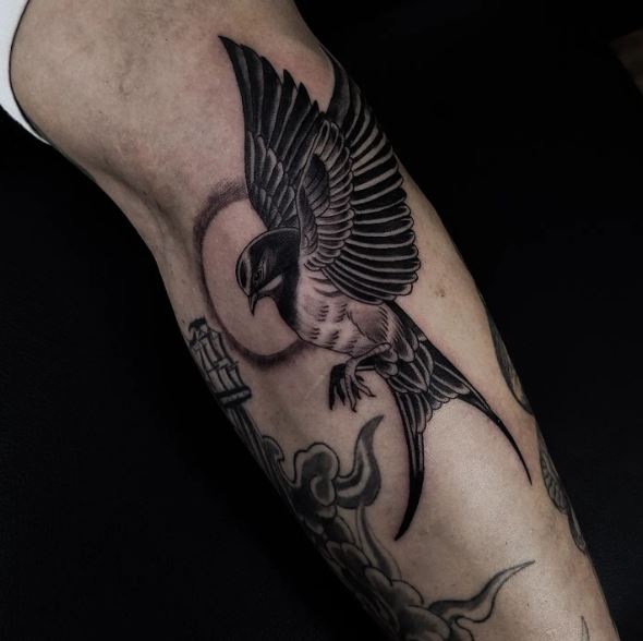 Black and Grey Flying Swallow with Stretched Claws Forearm Tattoo