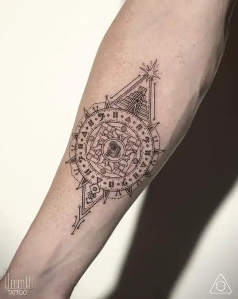 Grey Mayan Pyramid and Calendar Forearm Tattoo