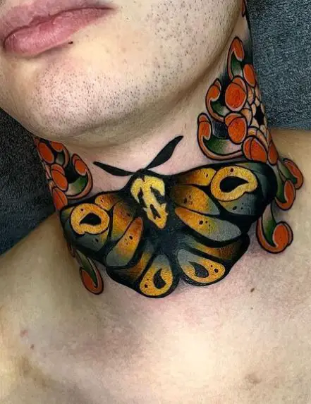 Colored Skull Moth Throat Tattoo