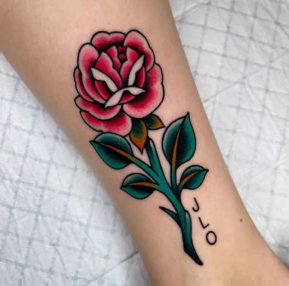 Long Red Rose with Initials Tattoo