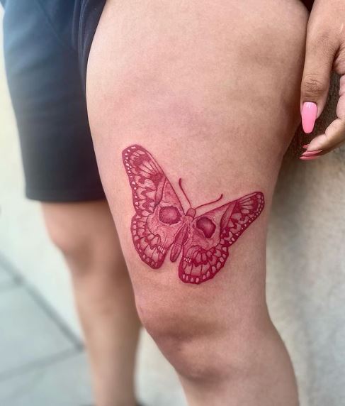 Red Skull Butterfly Thigh Tattoo