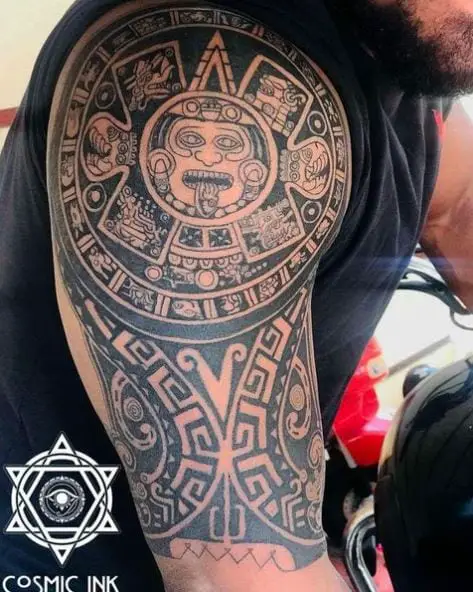 Grey Mayan Calendar Half Sleeve Arm Tattoo
