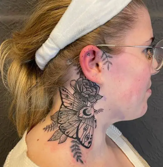 Black and Grey Rose and Moth Neck Tattoo