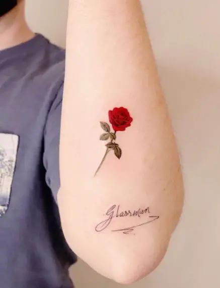 Mini Red Rose with Autograph Elbow Tattoo