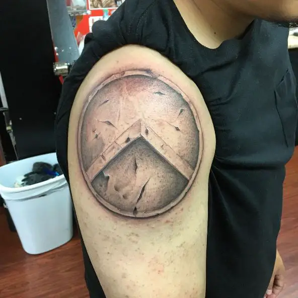 Grey and White Spartan Shield Shoulder Tattoo