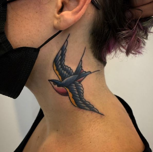Colored Sparrow Neck Tattoo