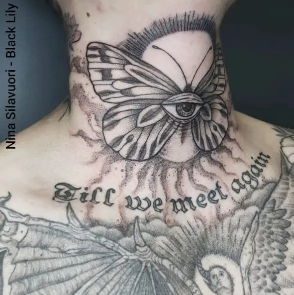 Grey Eyed Moth Throat Tattoo