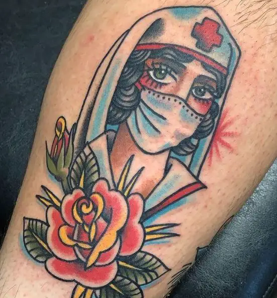 Colorful Nurse with Mask and Rose Tattoo