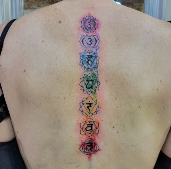 Colored Chakra Symbols Spine Tattoo