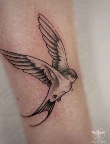 Black and Grey Flying Swallow Forearm Tattoo