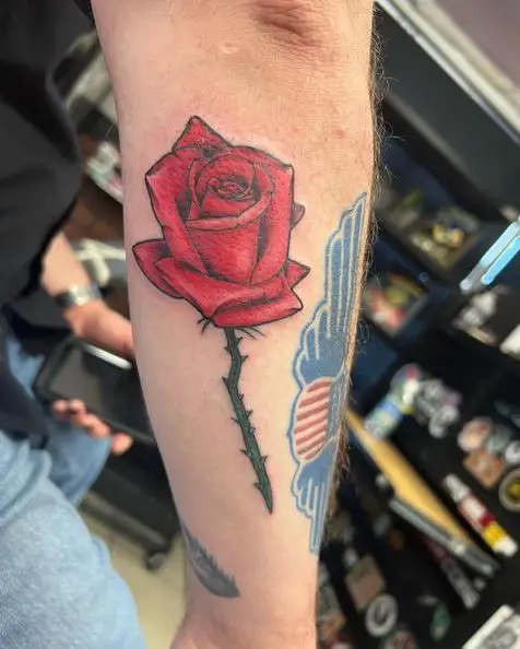 Red Rose Flower and Branch with Thorns Tattoo