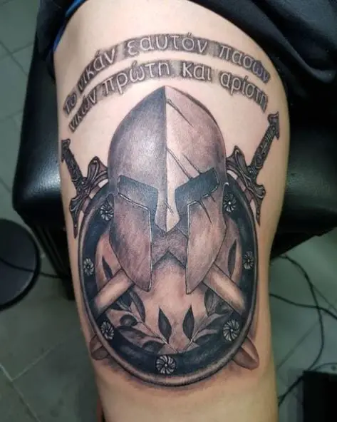 Spartan Shield with Helmet and Swards Leg Tattoo