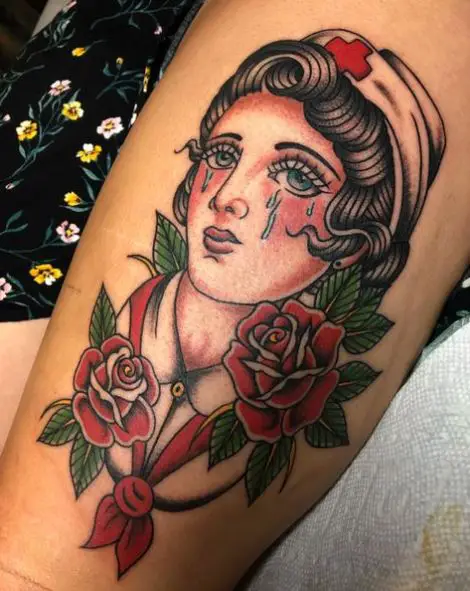 Crying Nurse and Roses Tattoo