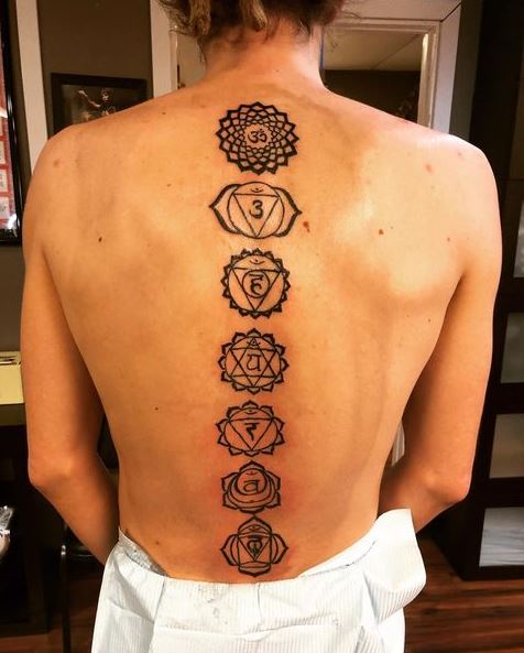 Black and Grey Chakra Symbols Spine Tattoo